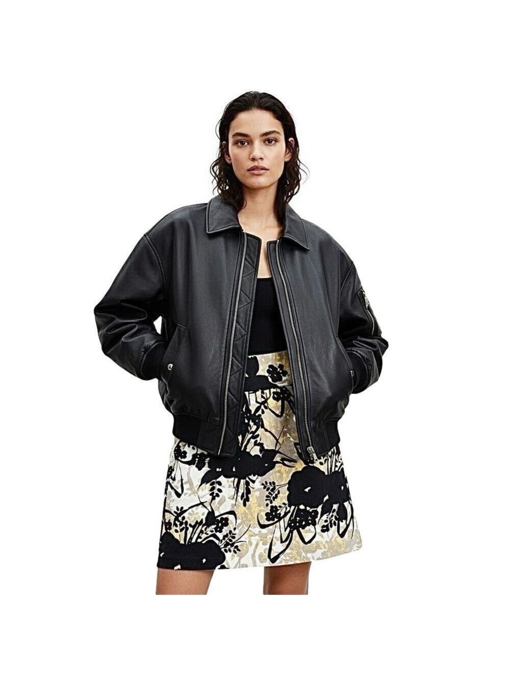 MEXX cream taupe black yellow abstract floral print a line mini skirt EU 38